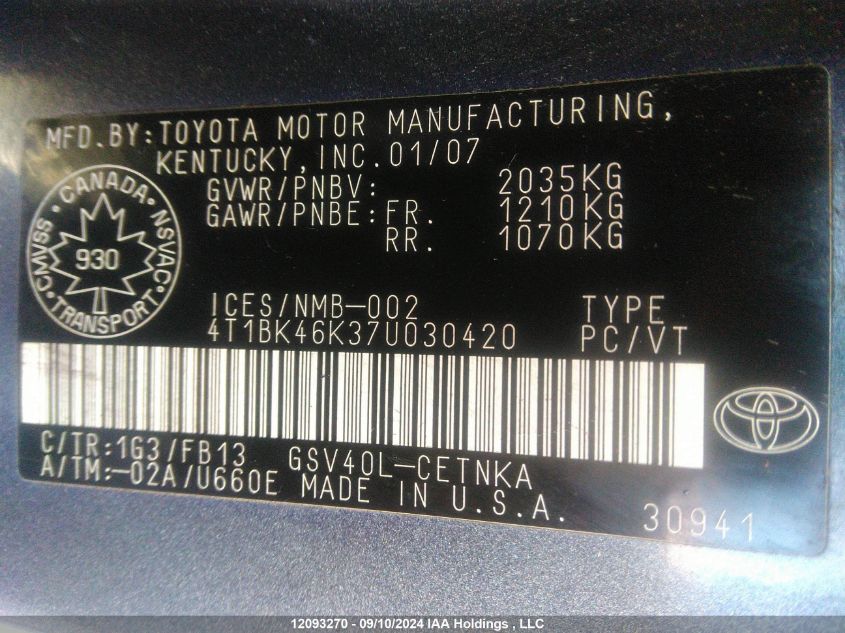 2007 Toyota Camry Le/Xle/Se VIN: 4T1BK46K37U030420 Lot: 12093270