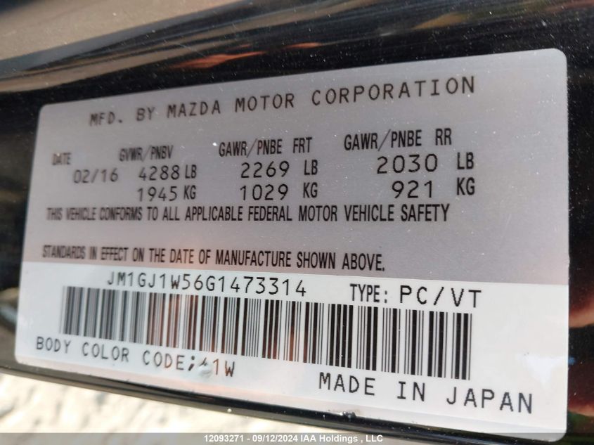 2016 Mazda Mazda6 VIN: JM1GJ1W56G1473314 Lot: 12093271