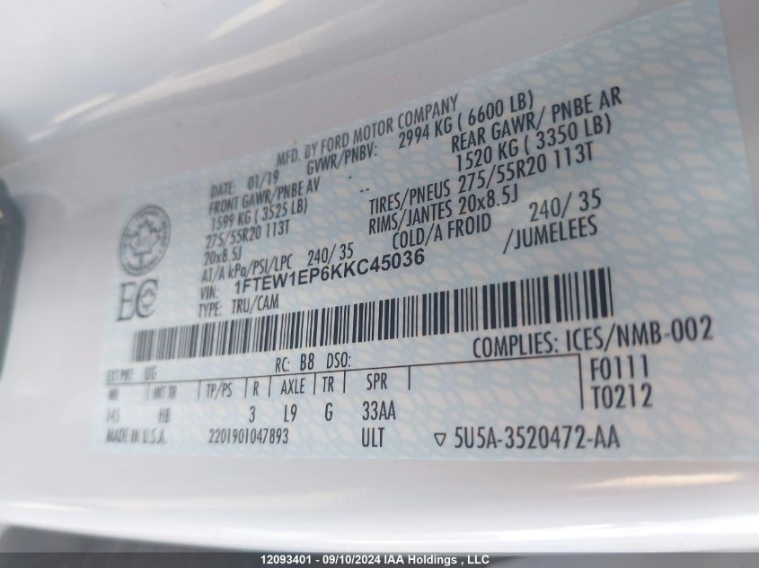 2019 Ford F150 Supercrew VIN: 1FTEW1EP6KKC45036 Lot: 12093401