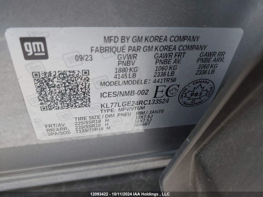 2024 Chevrolet Trax VIN: KL77LGE24RC133524 Lot: 12093422