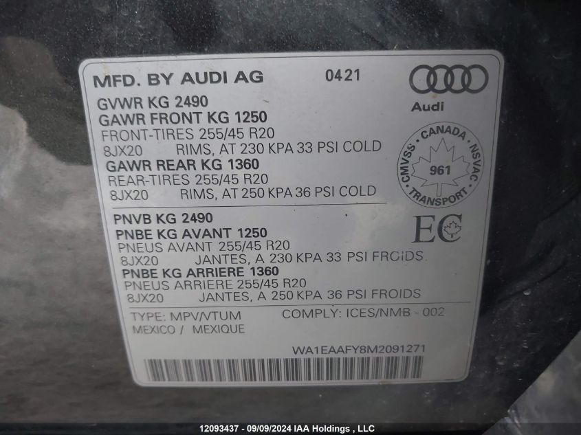 2021 Audi Q5 VIN: WA1EAAFY8M2091271 Lot: 12093437