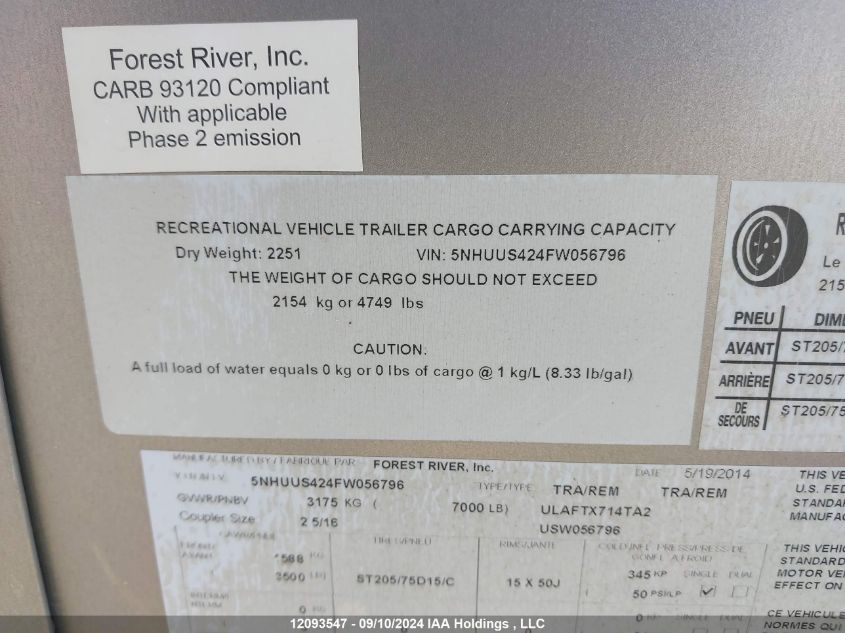 2014 Forest River Cargo Trailer VIN: 5NHUUS424FW056796 Lot: 12093547