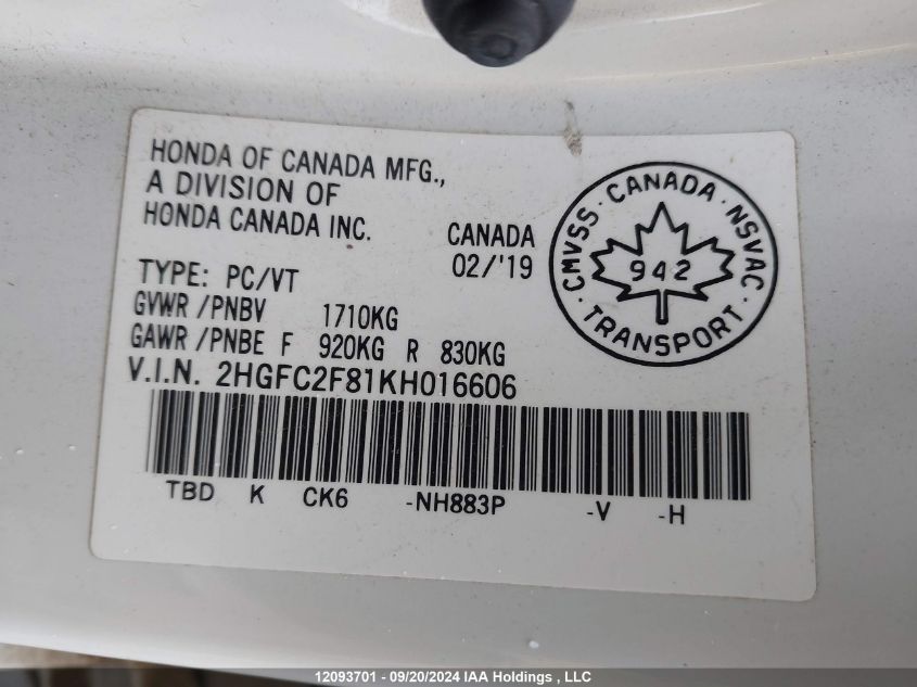 2HGFC2F81KH016606 2019 Honda Civic Sedan