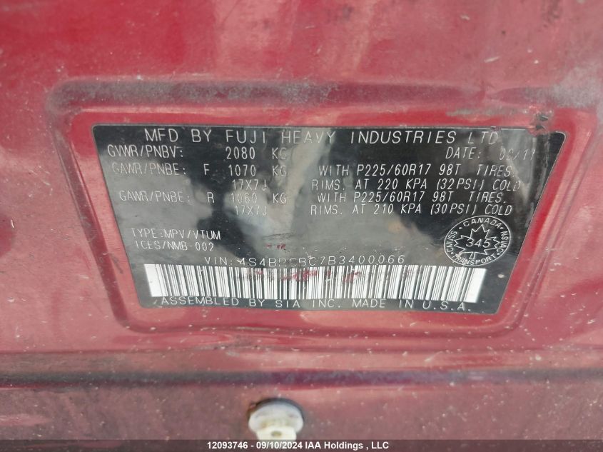 2011 Subaru Outback 2.5I Premium VIN: 4S4BRGBC7B3400066 Lot: 12093746