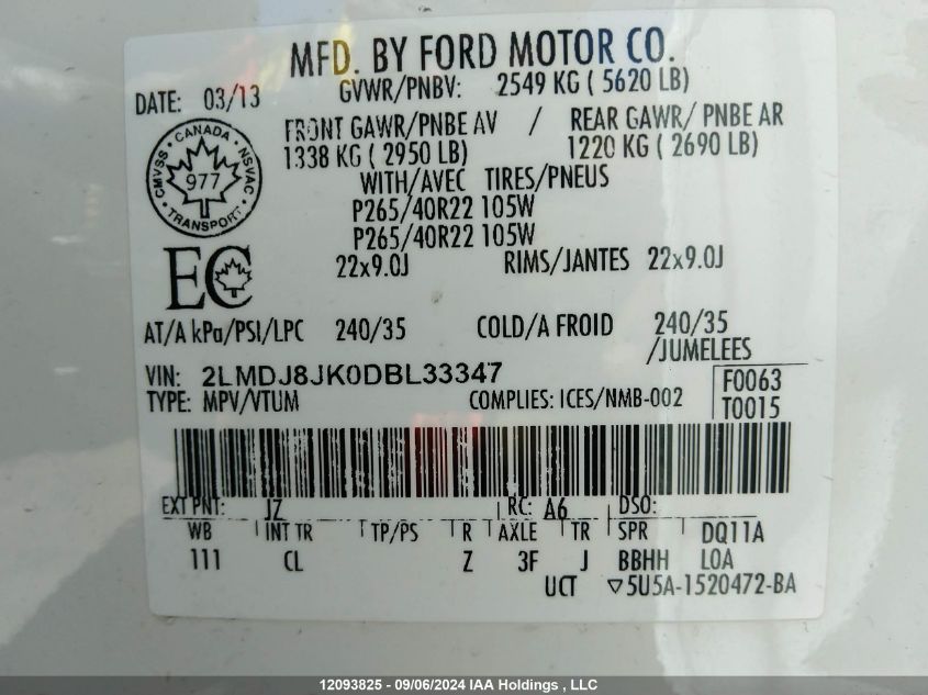 2013 Lincoln Mkx VIN: 2LMDJ8JK0DBL33347 Lot: 12093825