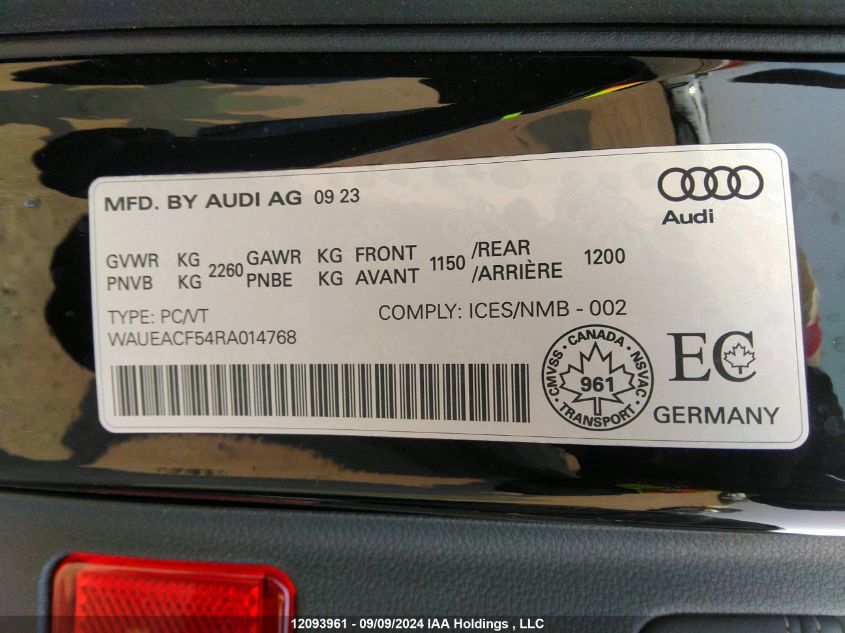 2024 Audi A5 Sportback VIN: WAUEACF54RA014768 Lot: 12093961