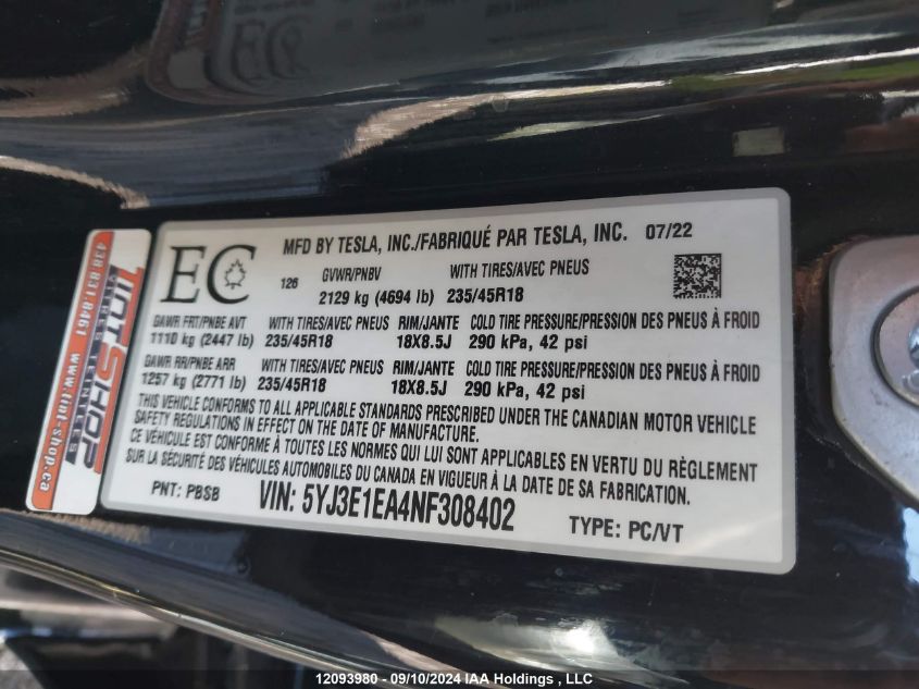 2022 Tesla Model 3 VIN: 5YJ3E1EA4NF308402 Lot: 12093980