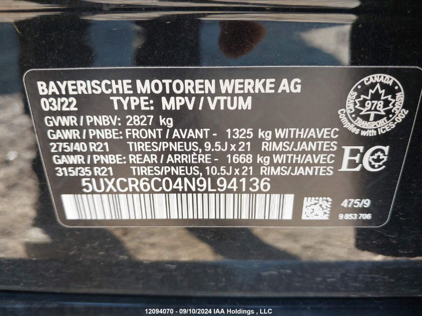 2022 BMW X5 VIN: 5UXCR6C04N9L94136 Lot: 12094070