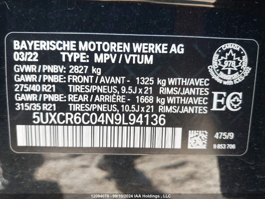 2022 BMW X5 VIN: 5UXCR6C04N9L94136 Lot: 12094070