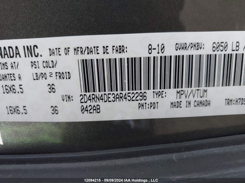 2D4RN4DE3AR452296 2010 Dodge Grand Caravan Se