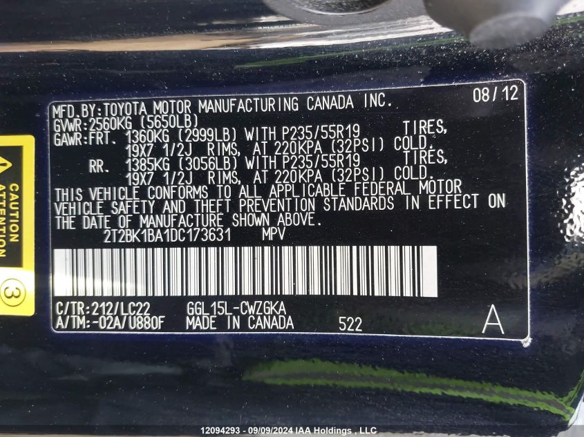 2013 Lexus Rx 350/Base/F Sport VIN: 2T2BK1BA1DC173631 Lot: 12094293