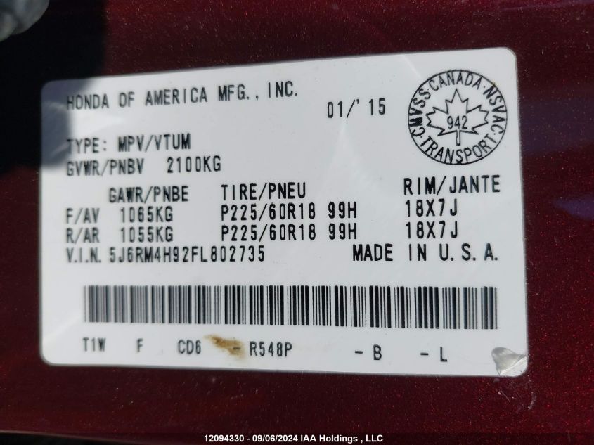 2015 Honda Cr-V Touring VIN: 5J6RM4H92FL802735 Lot: 12094330