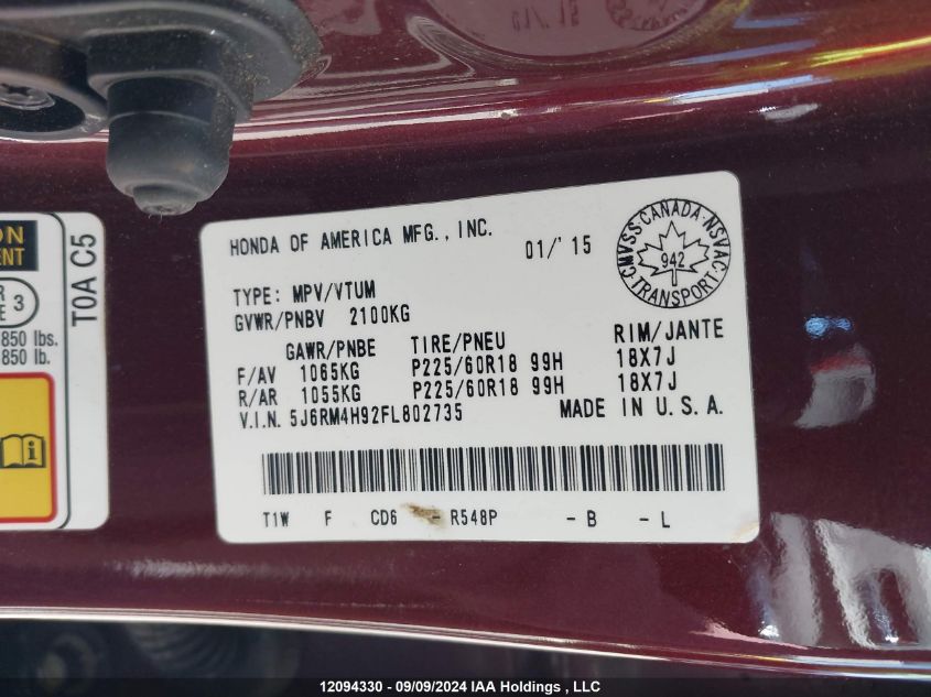2015 Honda Cr-V Touring VIN: 5J6RM4H92FL802735 Lot: 12094330