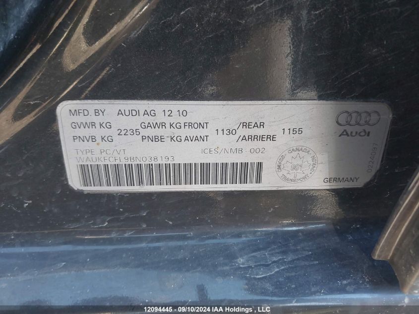 2011 Audi A4 VIN: WAUKFCFL9BN038193 Lot: 12094445