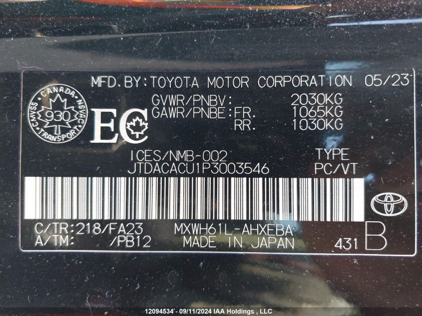 2023 Toyota Prius Prime Se/Xse/Xse Premium VIN: JTDACACU1P3003546 Lot: 12094534