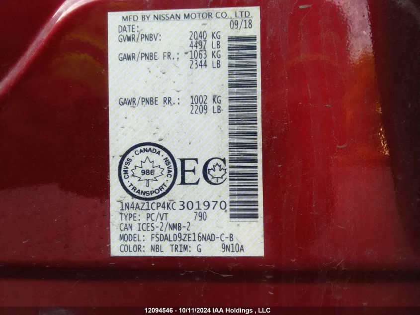 2019 Nissan Leaf S/Sl/Sv VIN: 1N4AZ1CP4KC301970 Lot: 12094546