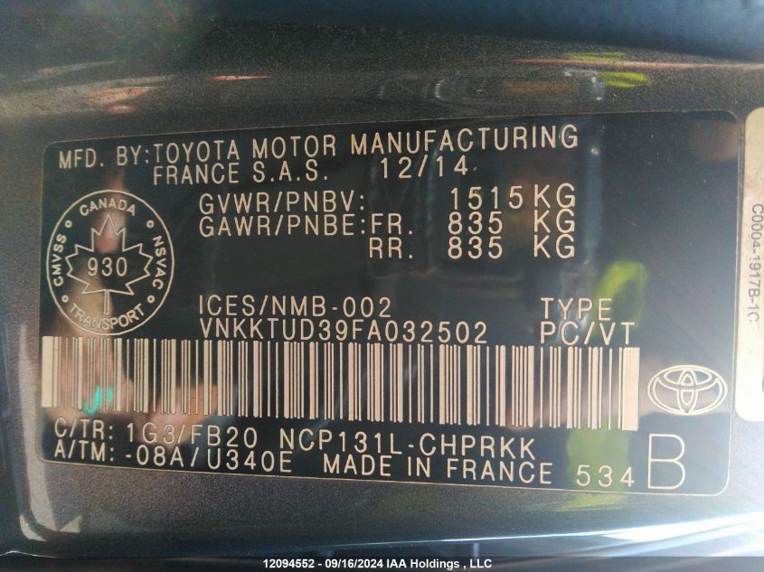 2015 Toyota Yaris VIN: VNKKTUD39FA032502 Lot: 12094552