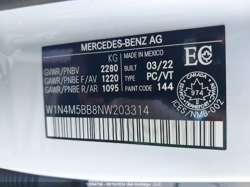 2022 Mercedes-Benz Glb Amg 35 4Matic VIN: W1N4M5BB8NW203314 Lot: 12094786