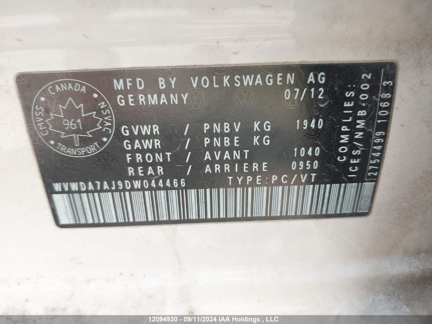 2013 Volkswagen Golf VIN: WVWDA7AJ9DW044466 Lot: 12094930