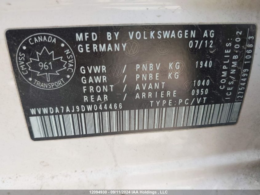 2013 Volkswagen Golf VIN: WVWDA7AJ9DW044466 Lot: 12094930