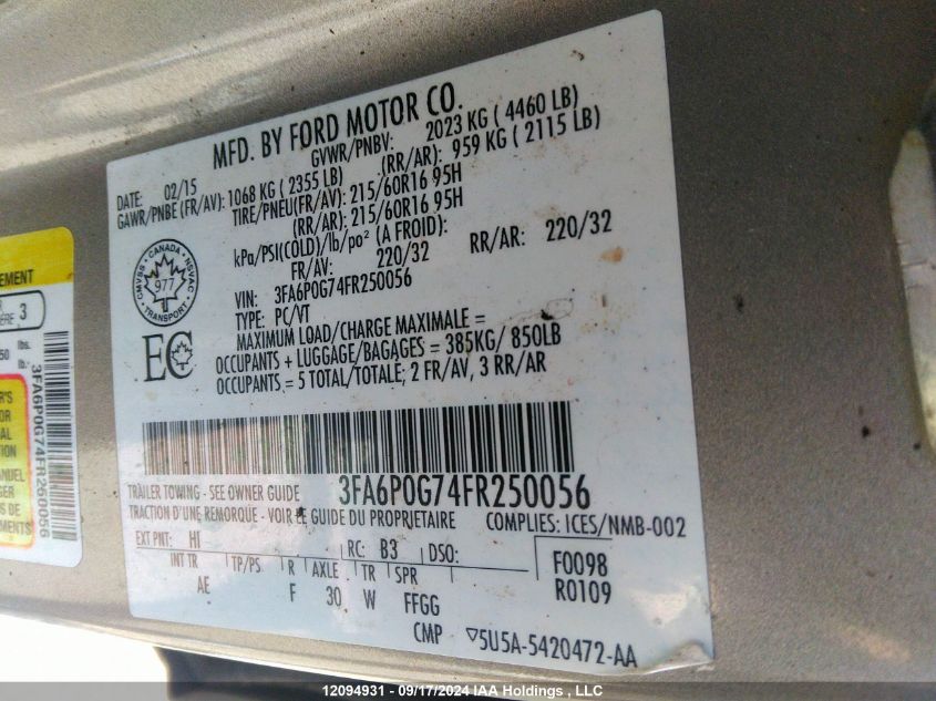 3FA6P0G74FR250056 2015 Ford Fusion S