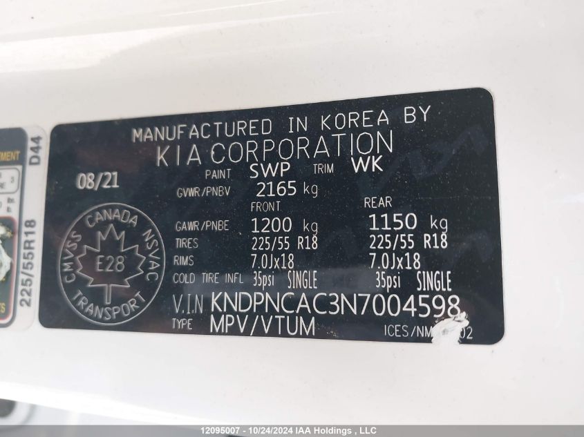 2022 Kia Sportage VIN: KNDPNCAC3N7004598 Lot: 12095007