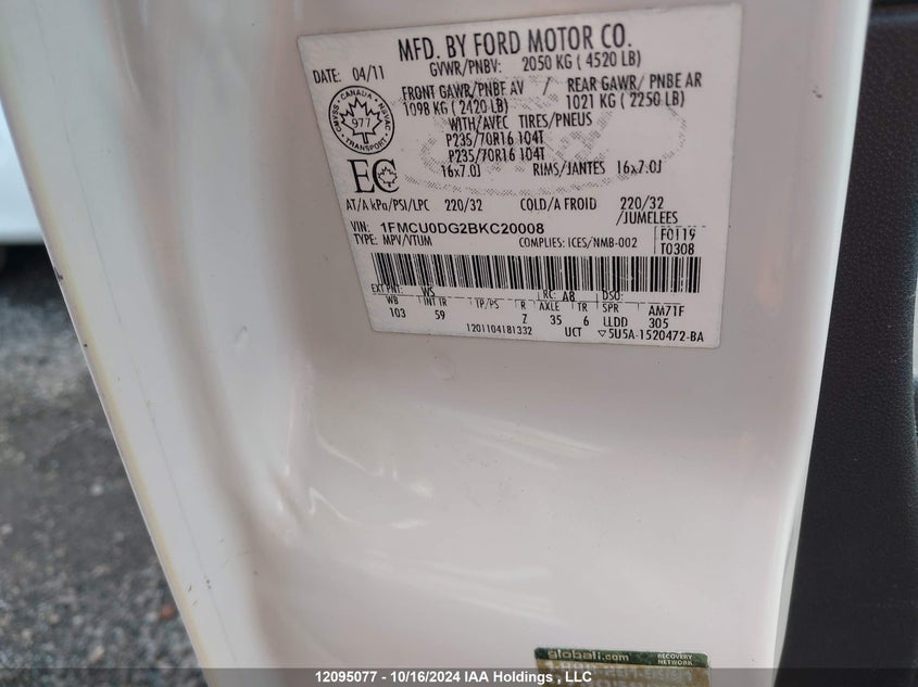 2011 Ford Escape Xlt VIN: 1FMCU0DG2BKC20008 Lot: 12095077