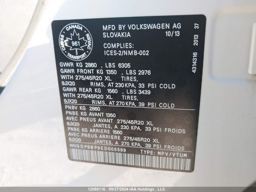 2014 Volkswagen Touareg VIN: WVGDP9BP9ED005589 Lot: 12095116