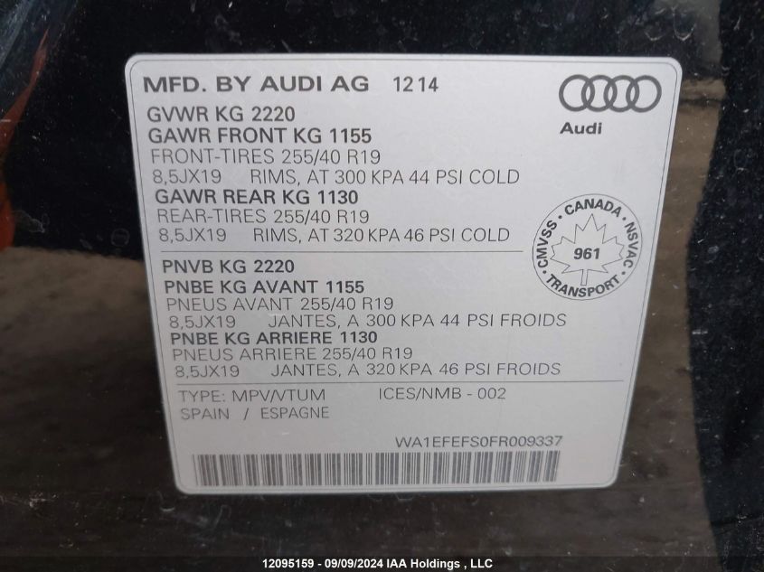 2015 Audi Q3 VIN: WA1EFEFS0FR009337 Lot: 12095159