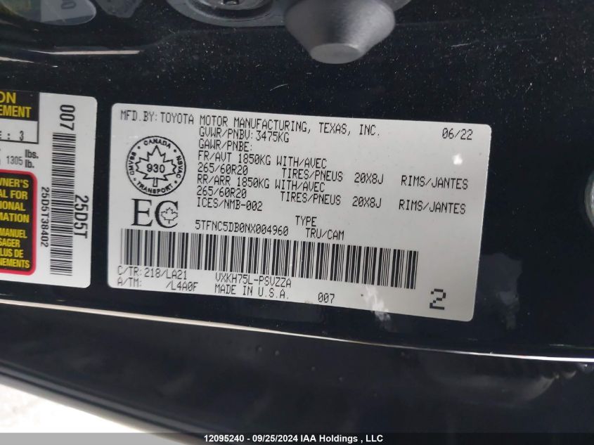 2022 Toyota Tundra Hybrid Platinum VIN: 5TFNC5DB0NX004960 Lot: 12095240