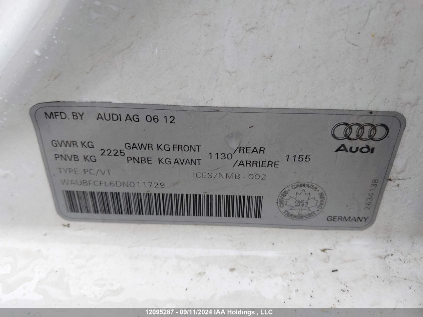 2013 Audi A4 VIN: WAUBFCFL6DN011729 Lot: 12095287