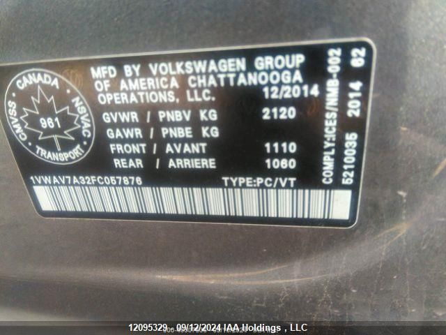 2015 Volkswagen Passat VIN: 1VWAV7A32FC057876 Lot: 12095329