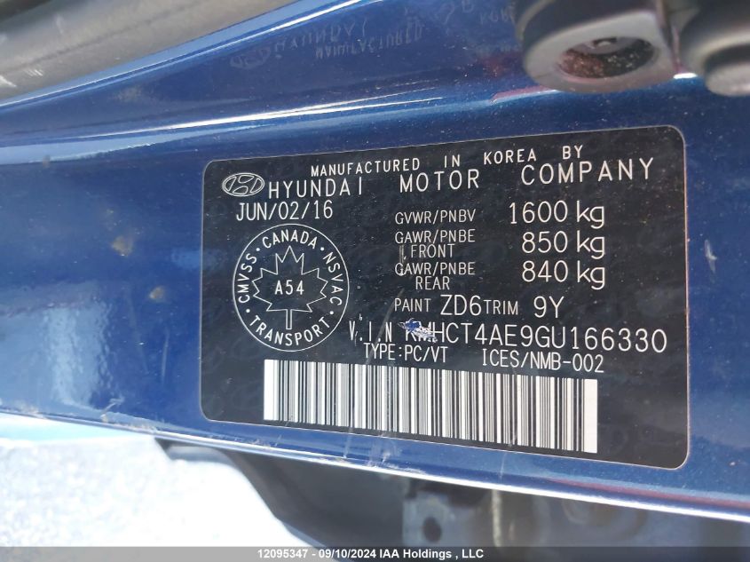 2016 Hyundai Accent Se VIN: KMHCT4AE9GU166330 Lot: 12095347