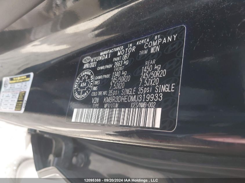 2021 Hyundai Palisade VIN: KM8R3DHE0MU319933 Lot: 12095388