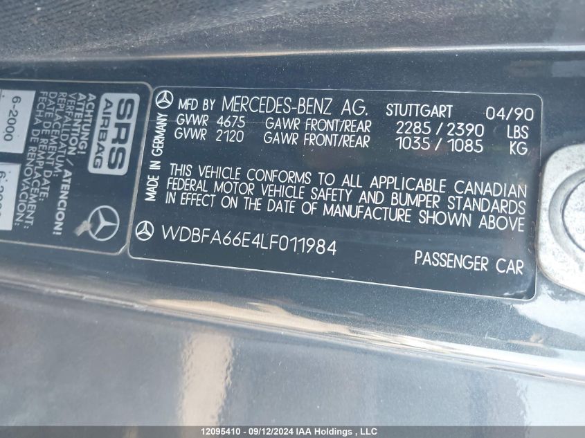 1990 Mercedes-Benz 500 Sl VIN: WDBFA66E4LF011984 Lot: 12095410