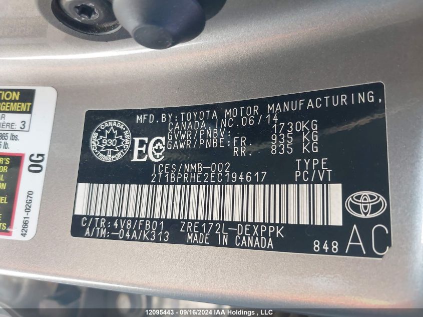 2014 Toyota Corolla Eco/Eco Plus/Eco Premium VIN: 2T1BPRHE2EC194617 Lot: 12095443