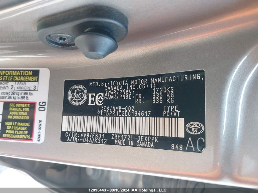 2014 Toyota Corolla Eco/Eco Plus/Eco Premium VIN: 2T1BPRHE2EC194617 Lot: 12095443