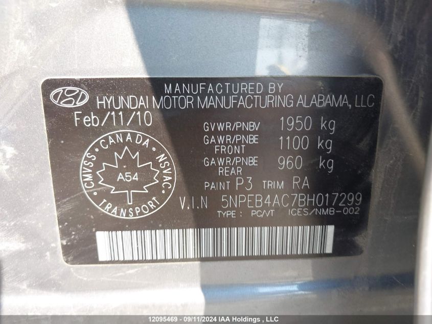 5NPEB4AC7BH017299 2011 Hyundai Sonata