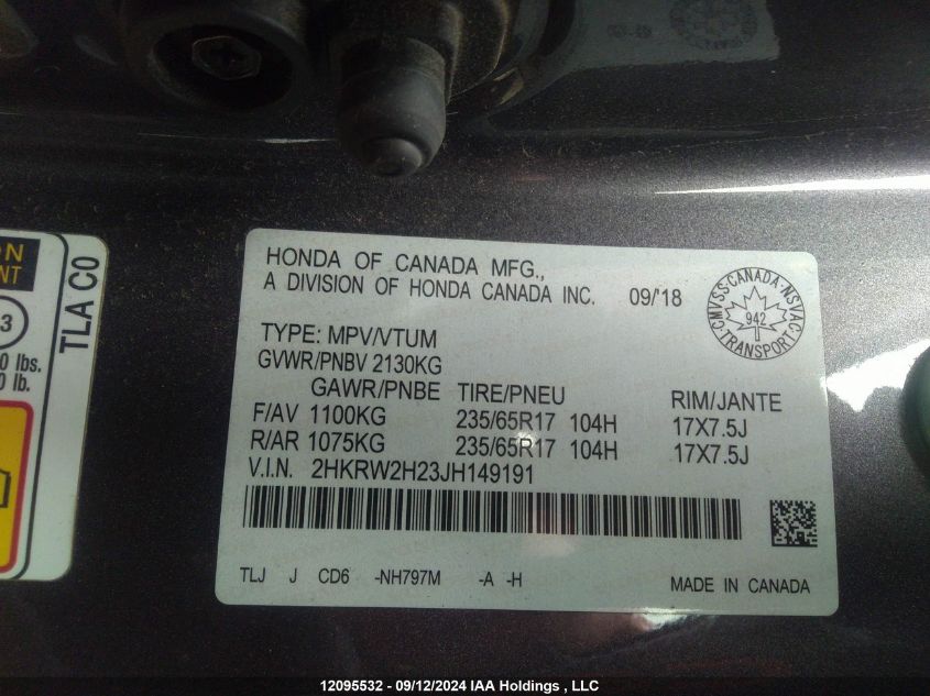 2018 Honda Cr-V VIN: 2HKRW2H23JH149191 Lot: 12095532