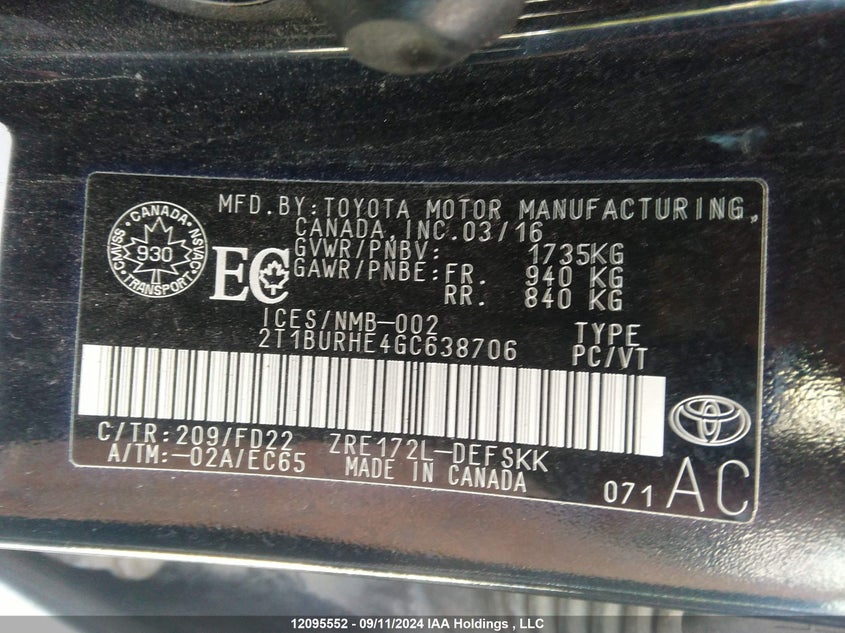 2016 Toyota Corolla L/Le/Le Pls/Prm/S/S Pls VIN: 2T1BURHE4GC638706 Lot: 12095552