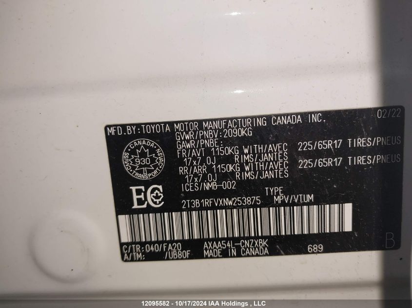 2022 Toyota Rav4 Le VIN: 2T3B1RFVXNW253875 Lot: 12095582