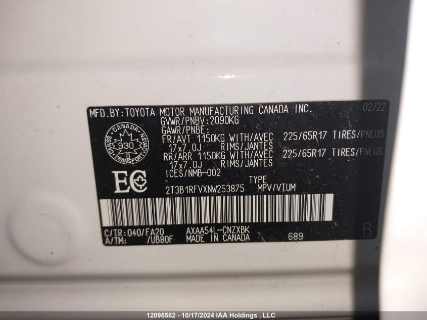 2022 Toyota Rav4 Le VIN: 2T3B1RFVXNW253875 Lot: 12095582