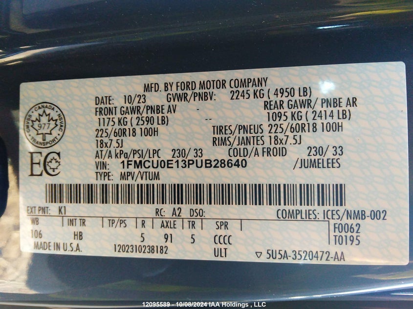 2023 Ford Escape VIN: 1FMCU0E13PUB28640 Lot: 12095589