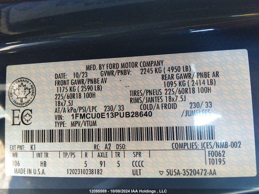 2023 Ford Escape VIN: 1FMCU0E13PUB28640 Lot: 12095589