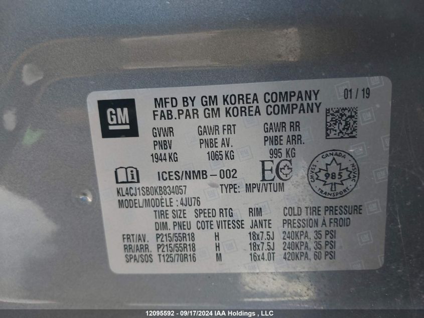 2019 Buick Encore Sport Touring VIN: KL4CJ1SB0KB834057 Lot: 12095592