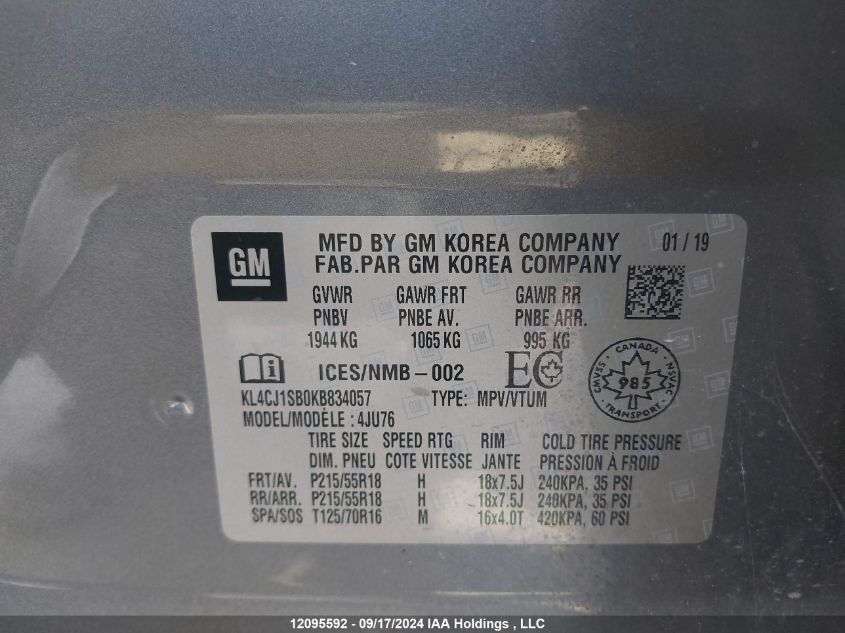 2019 Buick Encore Sport Touring VIN: KL4CJ1SB0KB834057 Lot: 12095592