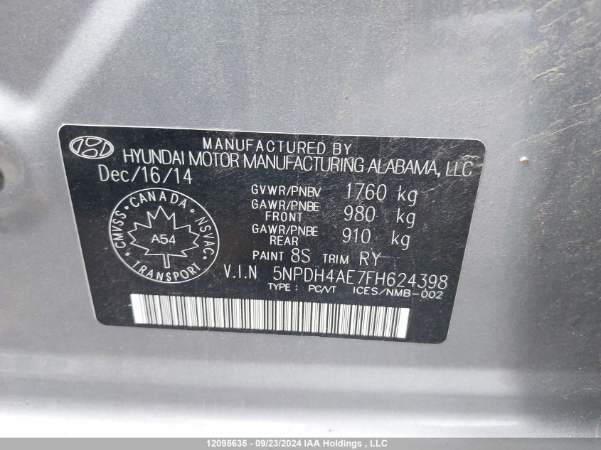 5NPDH4AE7FH624398 2015 Hyundai Elantra