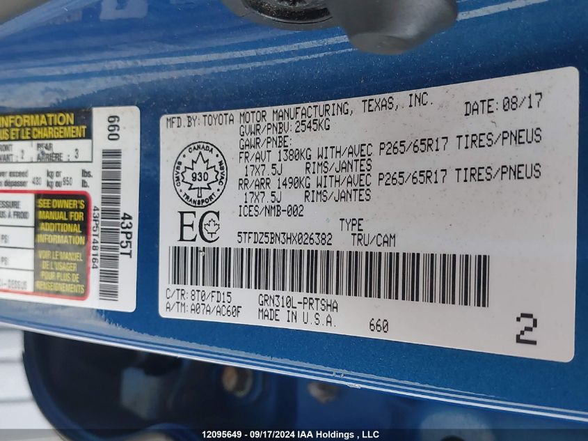 2017 Toyota Tacoma Dbl Cab/Sr5/Trd Sport/Or VIN: 5TFDZ5BN3HX026382 Lot: 12095649