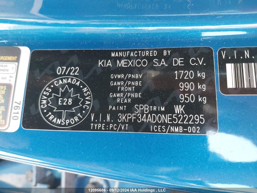 2022 Kia Forte VIN: 3KPF34AD0NE522295 Lot: 12095686