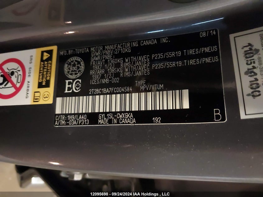 2015 Lexus Rx 450H VIN: 2T2BC1BA7FC004584 Lot: 12095698